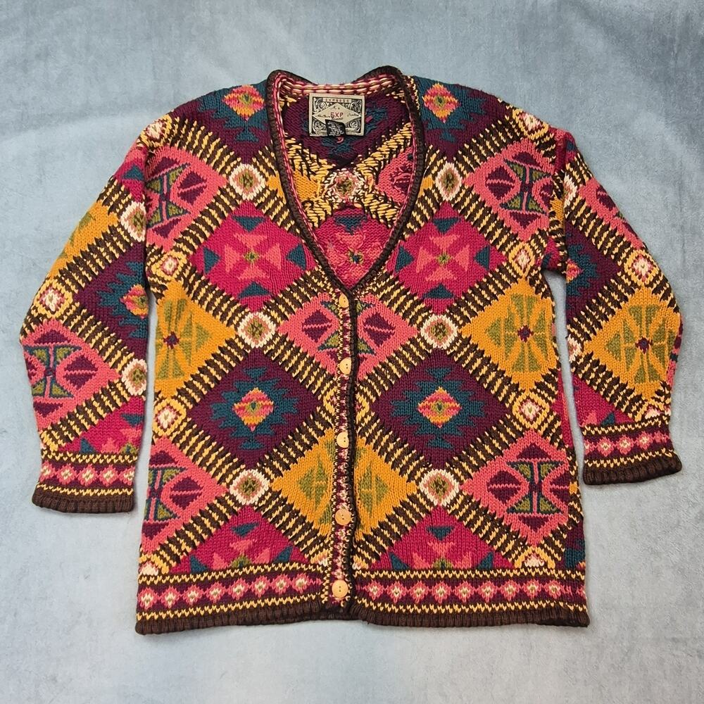 Vintage 90s Express Handknitted Aztec Geometric Cardigan Ugly Sweater Women's L